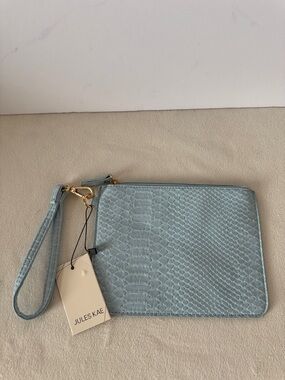 JULES KAY BLUE SNAKESKIN VEGAN LEATHER WRISTLET ZIPPERED POUCH CLUTCH